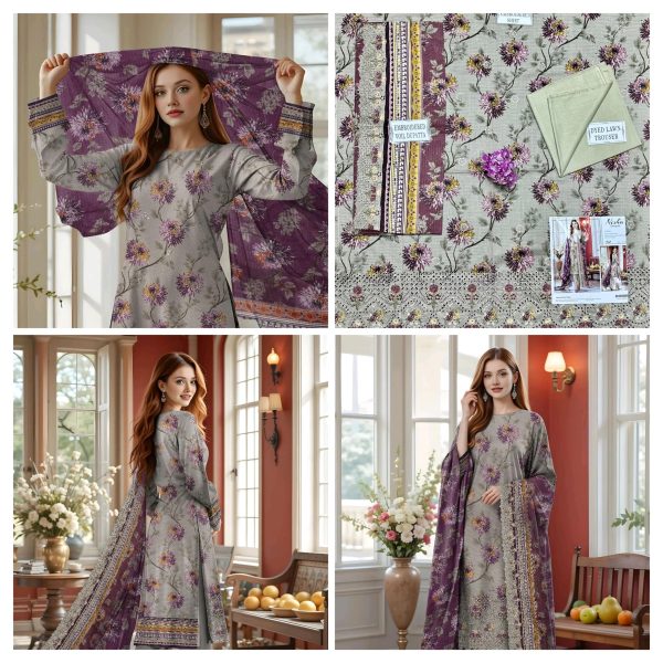 3 Pcs Women's Unstitched Printed Embroidered Suit – Grey
